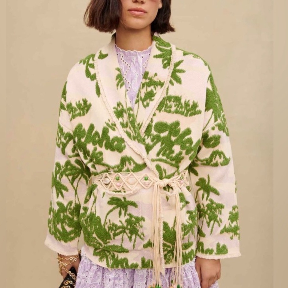 Maje Imprime Aloha Beige Belted Cardigan Jacket